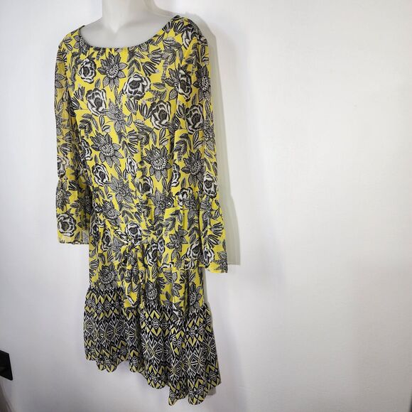 Prelude Women A line Dress 12 Belted Tie Waist Floral Yellow Bell Sleeve Chiffon - Picture 5 of 11